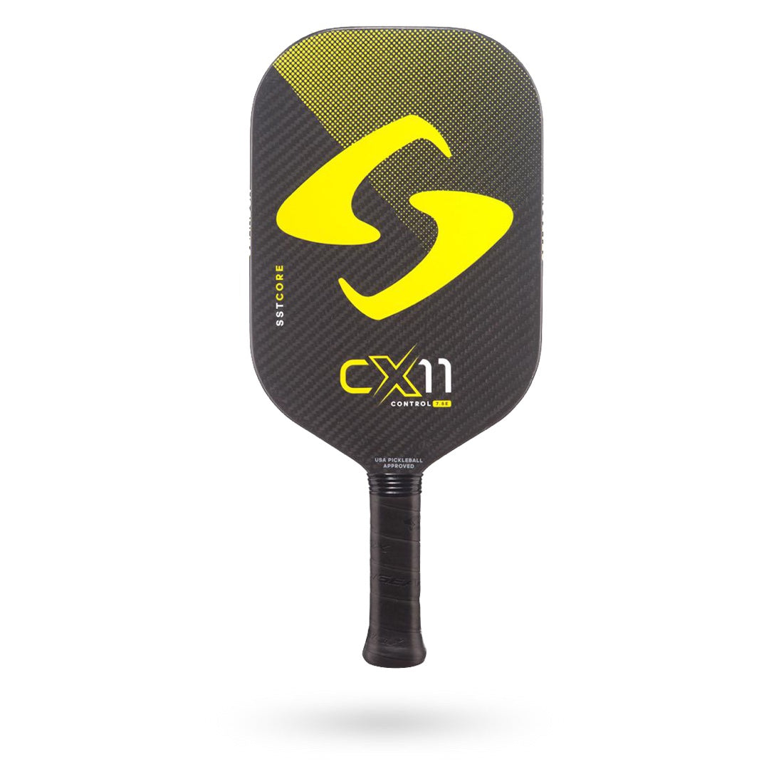 Black and yellow Gearbox CX11 Elongated Pickleball Paddle on a white background by Pickleballist.