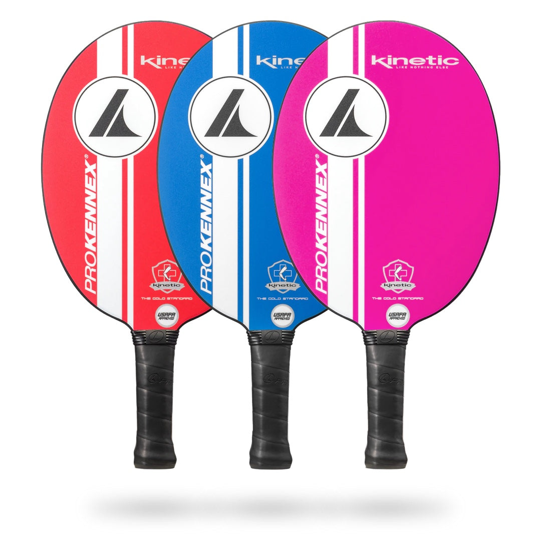 ProKennex Kinetic Ovation Speed Pickleball Paddles in pink, blue, and white providing paddle performance and a competitive advantage.