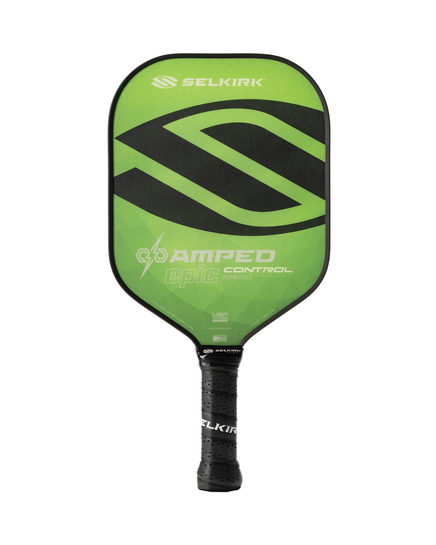 A Selkirk AMPED Control Epic 16mm pickleball paddle, green with a black grip, featuring "Amped Epic Control" on the face.