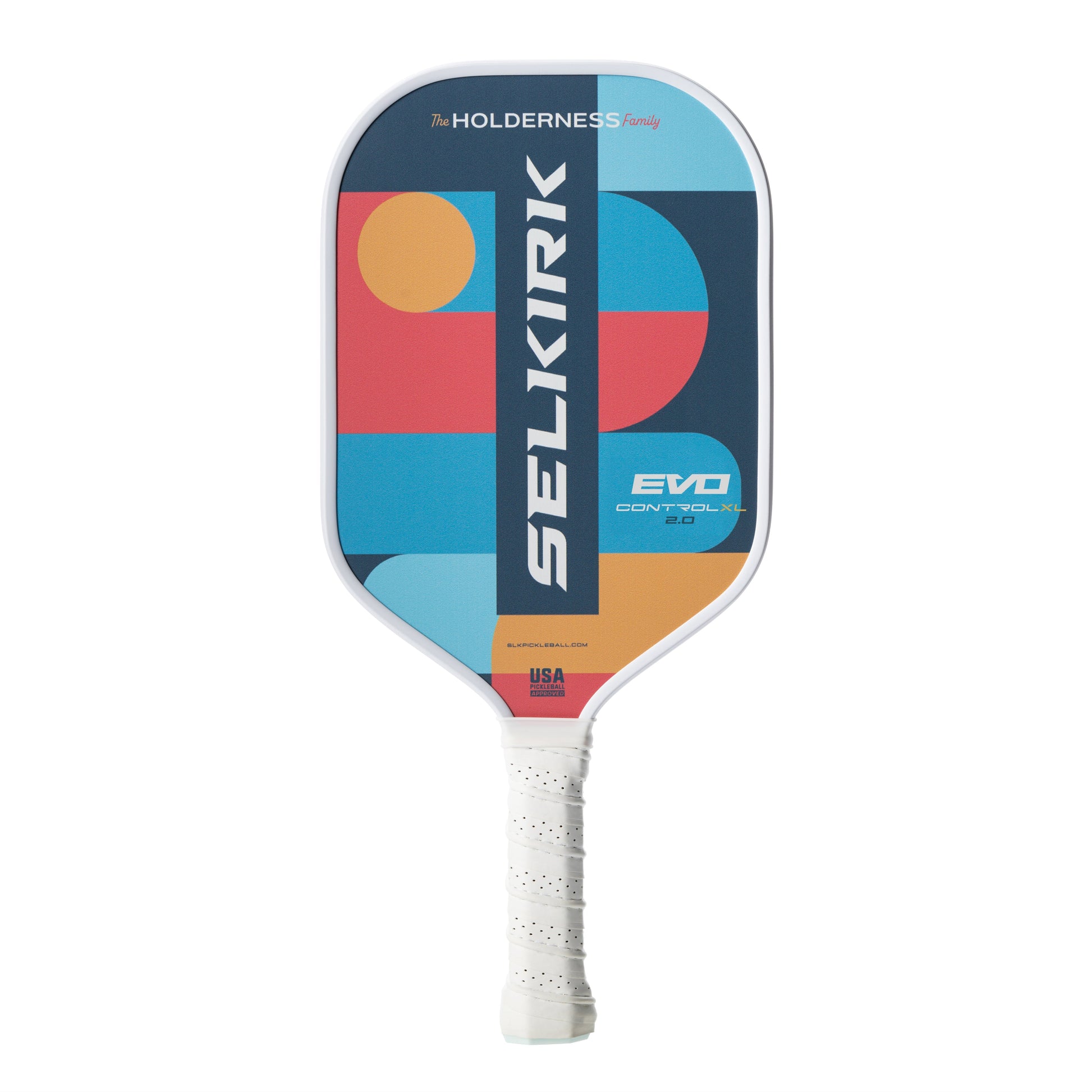 A Selkirk SLK Evo 2.0 XL Elongated Pickleball Paddle with a colorful design on it.