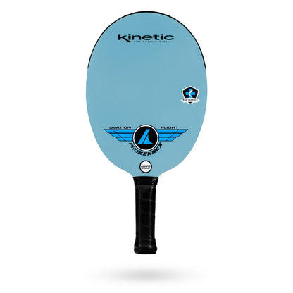 ProKennex Kinetic Ovation Flight Pickleball Paddle with black handle, featuring logos and branding. This USAPA Sanctioned Tournament approved paddle boasts a carbon with diamond frost face for enhanced performance.