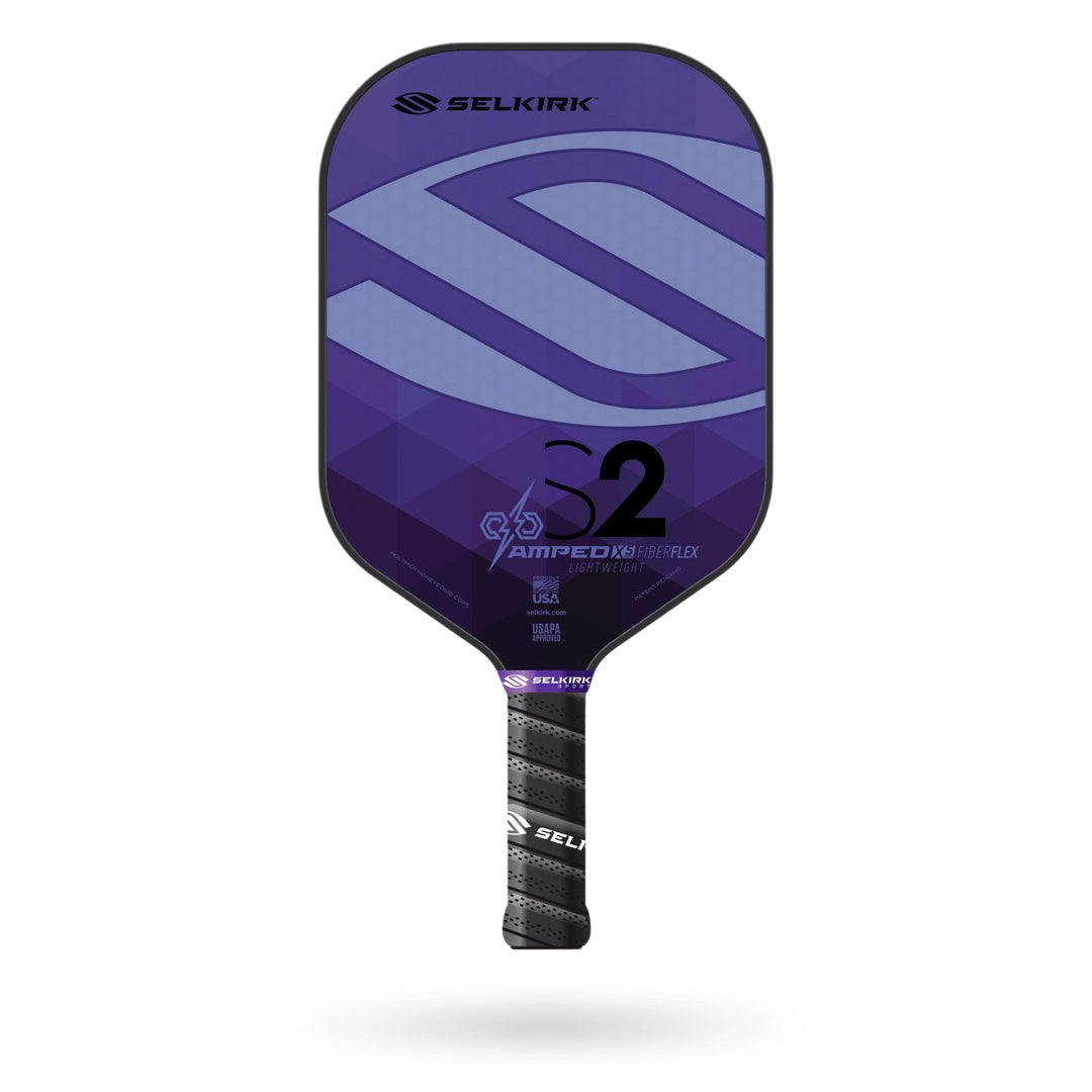 A purple and black Selkirk Amped S2 Pickleball Paddle on a white background.