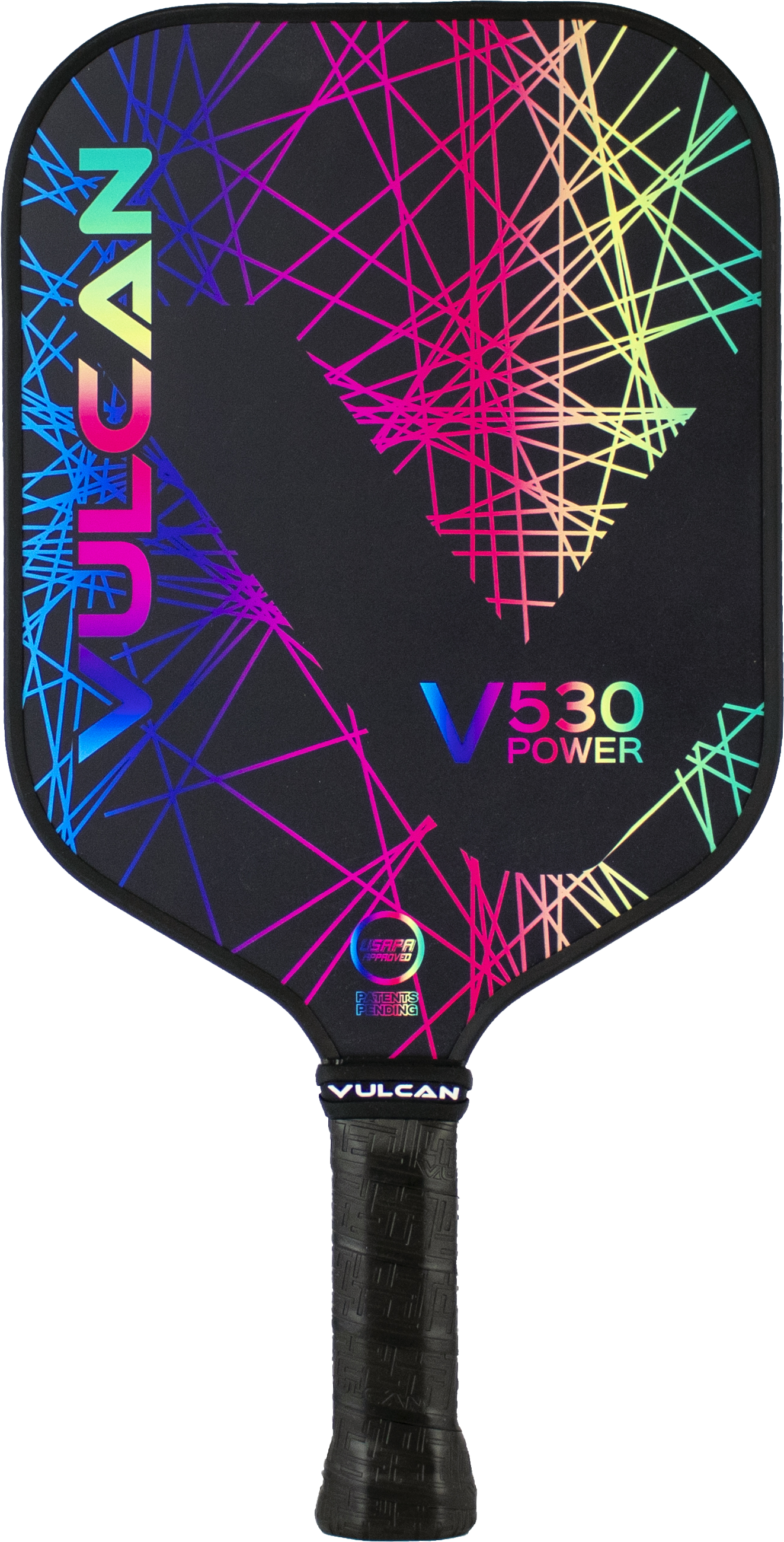 A Vulcan V530 Power Pickleball Paddle with a rainbow design on it.