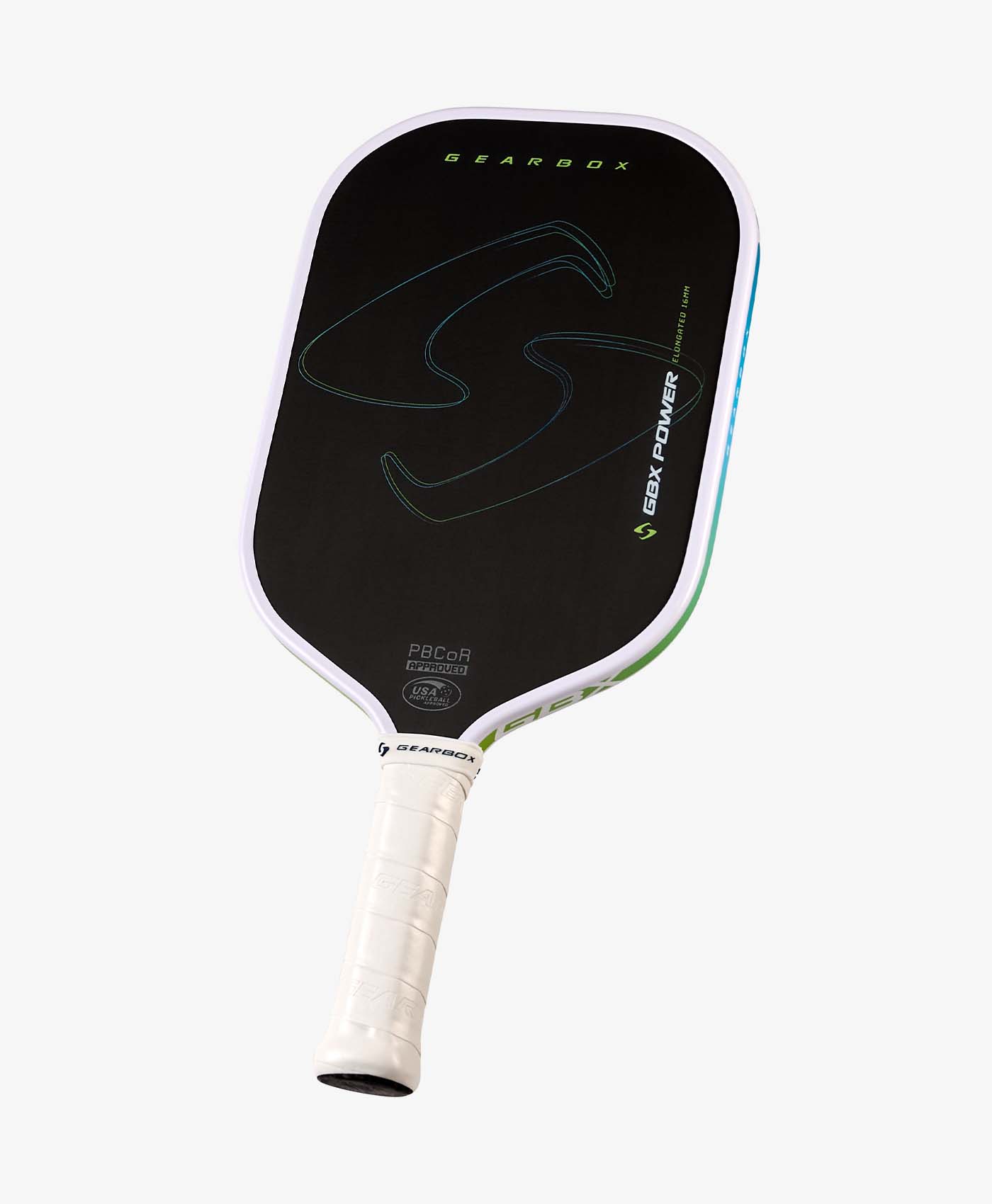 The Gearbox Sports GBX Power Elongated - 16mm Gen-3 Honeycomb paddle features a black and white carbon fiber face, white grip, and Gearbox logo branding.