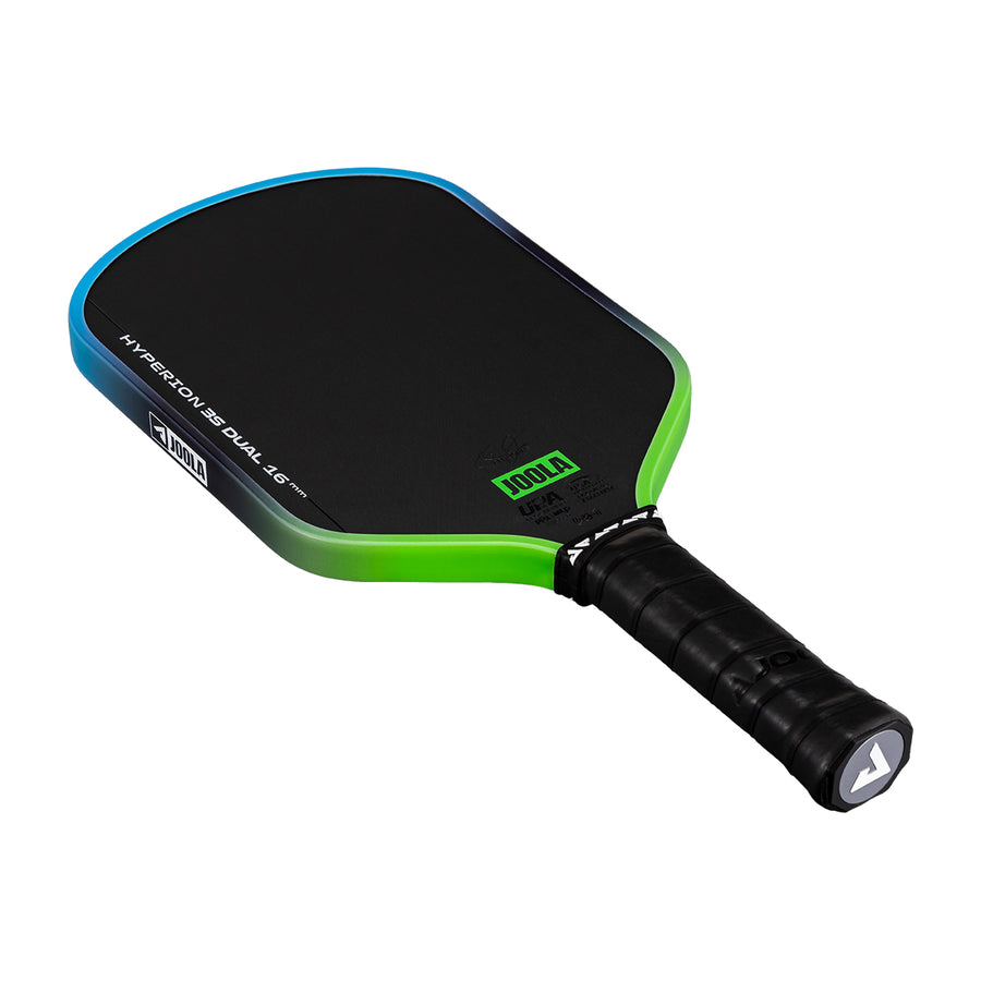 A JOOLA Hyperion 3S Dual 16mm Pickleball Paddle by JOOLA, featuring a black and green design, textured grip handle, and Charged Carbon Surface, is displayed on a white background.
