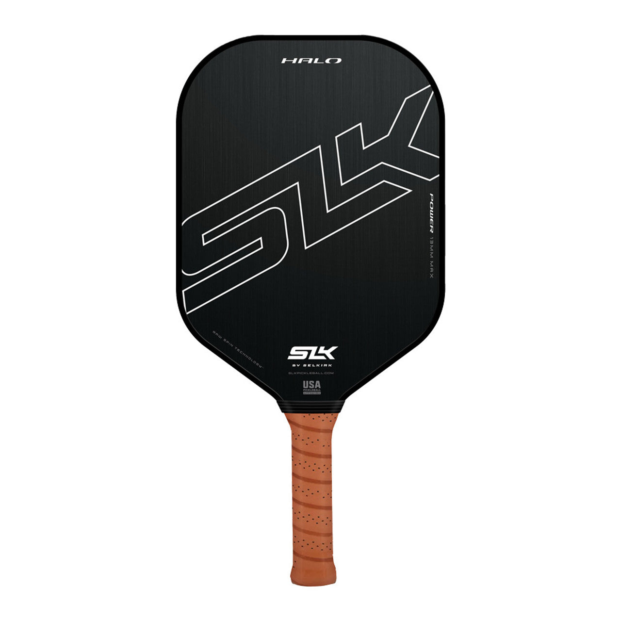 A Selkirk SLK Halo XL Pickleball Paddle in black and brown on a white background.