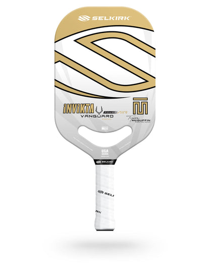 A Pickleballist Selkirk Power Air Invikta pickleball paddle with a beige, white, and black color scheme and branding details.