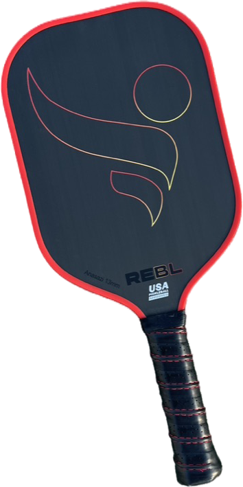 A REBL Anasazi 13mm Pickleball Paddle with a red and black design.