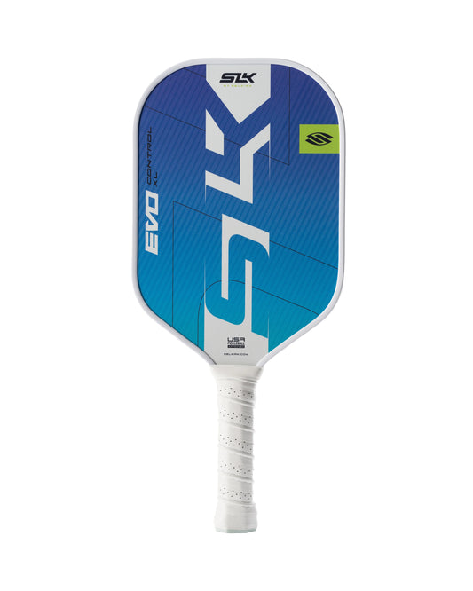 A blue pickleball paddle branded as the "Selkirk SLK EVO XL Control" featuring a white, wrapped grip handle and a green logo positioned in the top right corner.