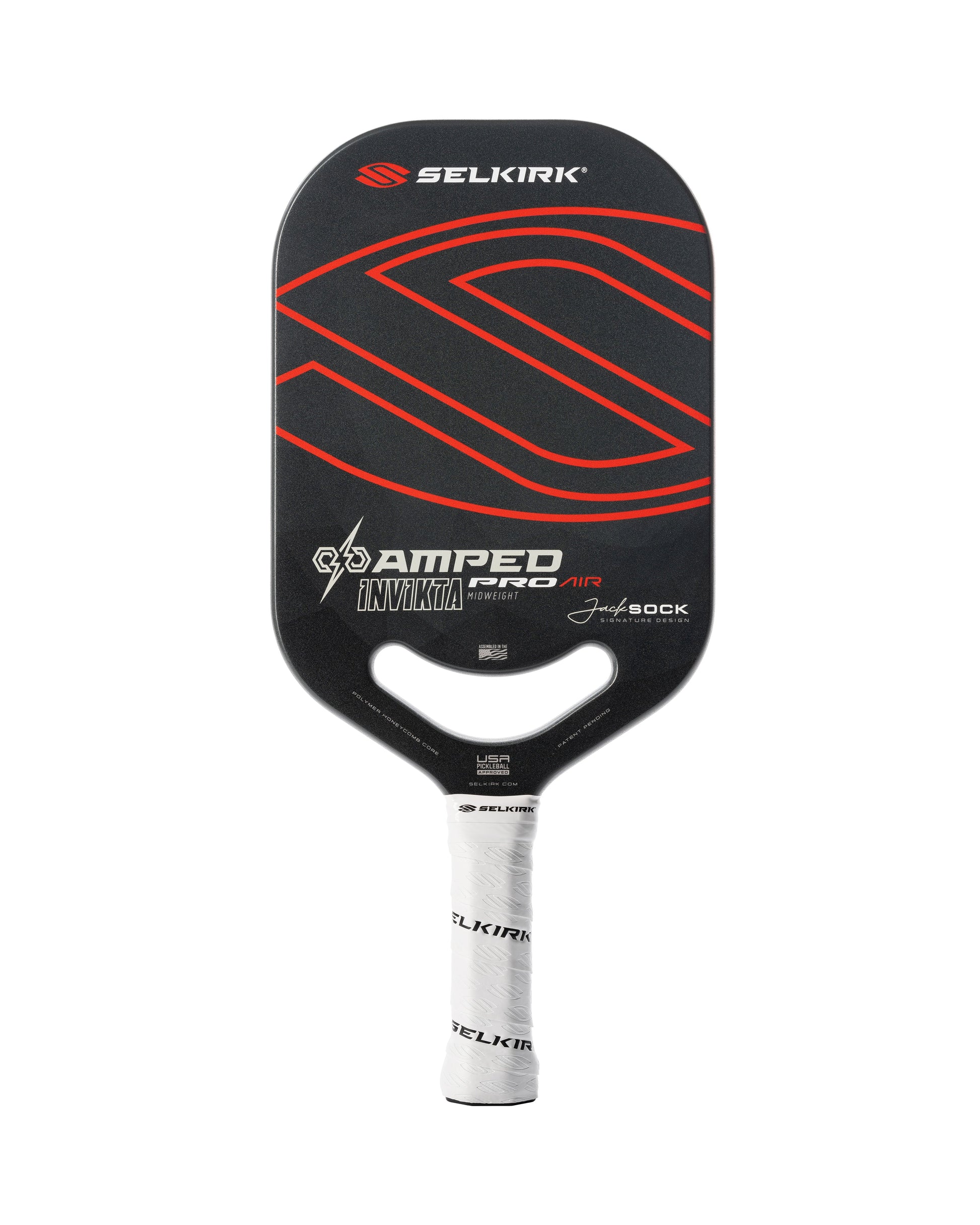 Selkirk AMPED Pro Air Invikta Pickleball Paddle featuring a black body, red design, and white grip handle.
