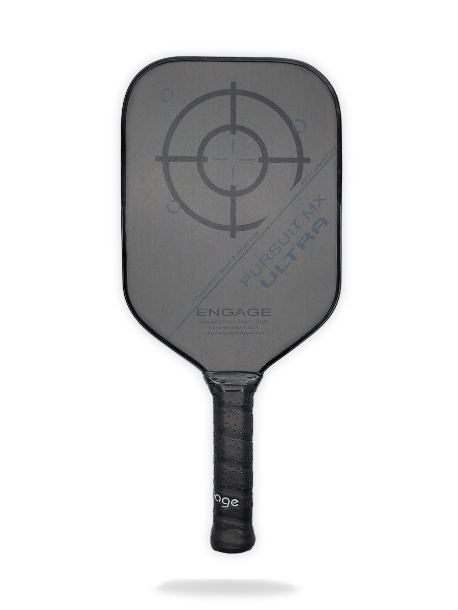 A black Engage Engage Pursuit ULTRA MX Pickleball Paddle with a target graphic on the face.