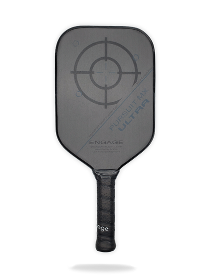 A black Engage Engage Pursuit ULTRA MX Pickleball Paddle with a target graphic on the face.