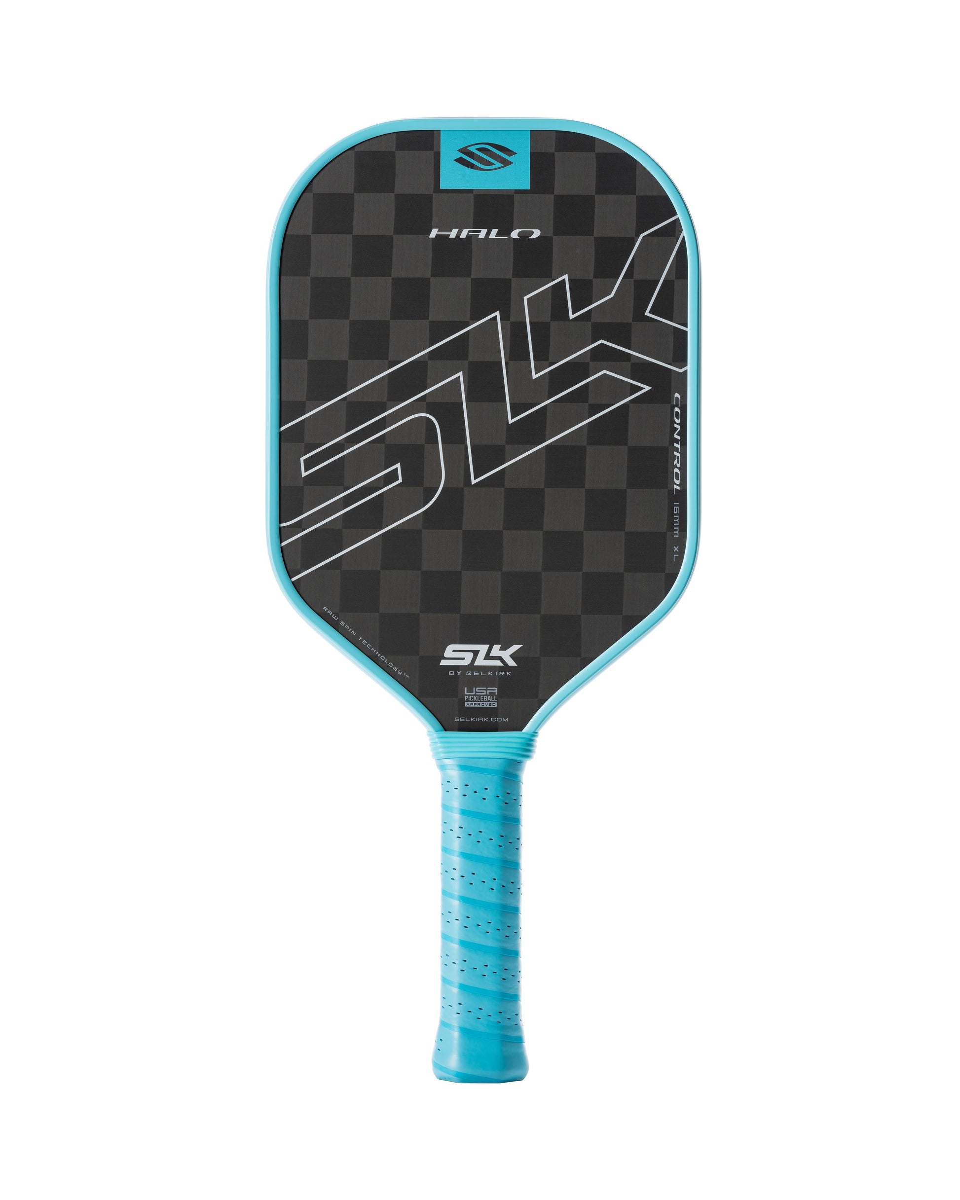 A pickleball paddle with a black checkered face and blue handle, branded as "Selkirk" and featuring the model name "SLK HALO XL Control 16mm by Selkirk.