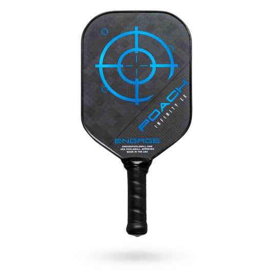 An Engage Poach Infinity EX Pickleball Paddle with a blue target on it.