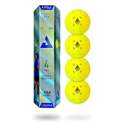 Four durable JOOLA Primo 3-Star Balls (4-pack) Pickleball balls.