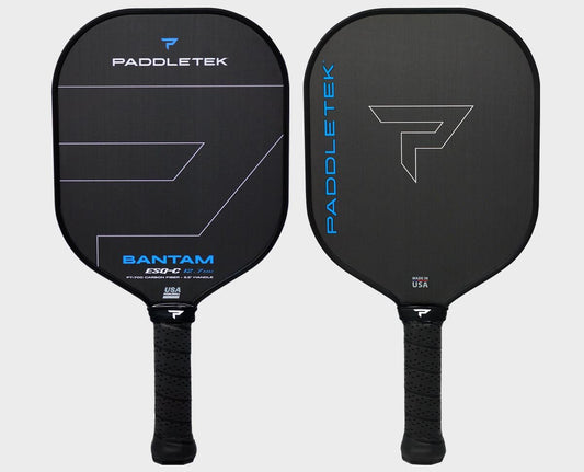 Two Paddletek Bantam ESQ-C 12.7mm Carbon Fiber Pickleball paddles in black, shown from the front and back, featuring blue and white text.