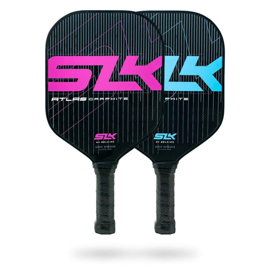 Two Pickleballist SLK Atlas Pickleball Paddles with a black background and vibrant pink and blue "slk" logos, featuring a polymer powercore.