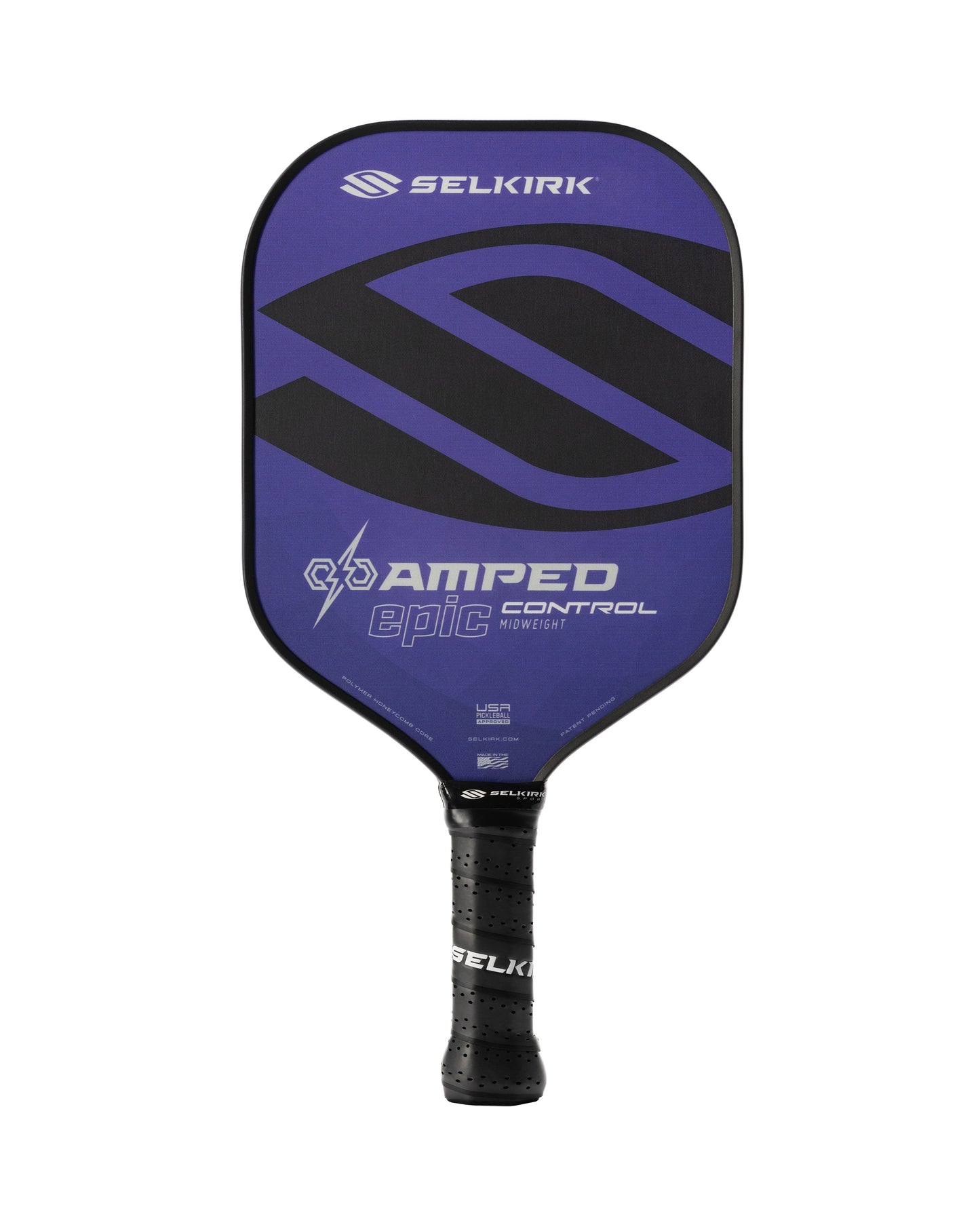 A Selkirk AMPED Control Epic 16mm pickleball paddle with a purple and black design, featuring a textured grip handle.