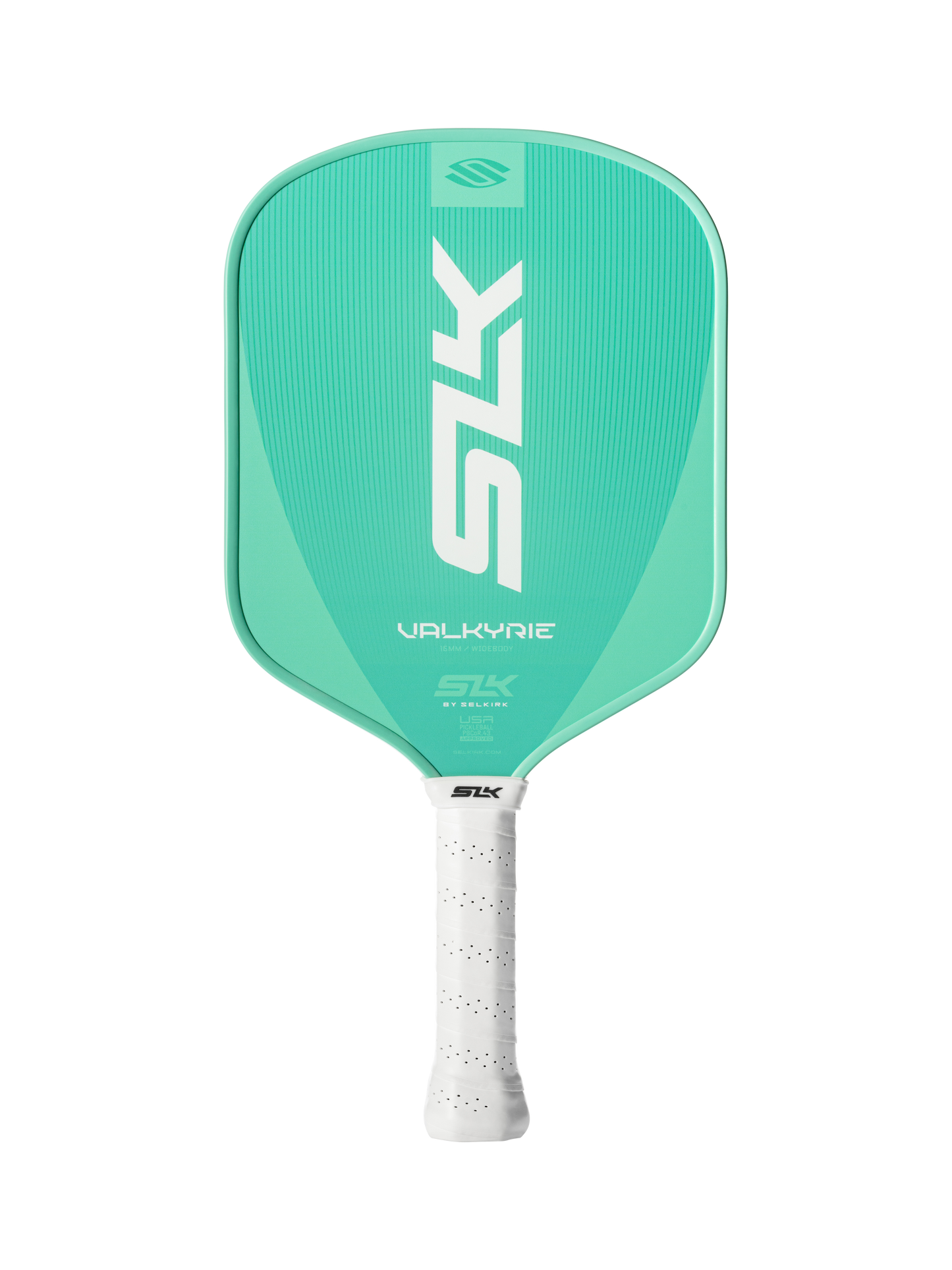 The Selkirk SLK Valkyrie Widebody 16mm Pickleball Paddle in green, with a white grip and Selkirk branding on the face, is displayed against a plain white background.