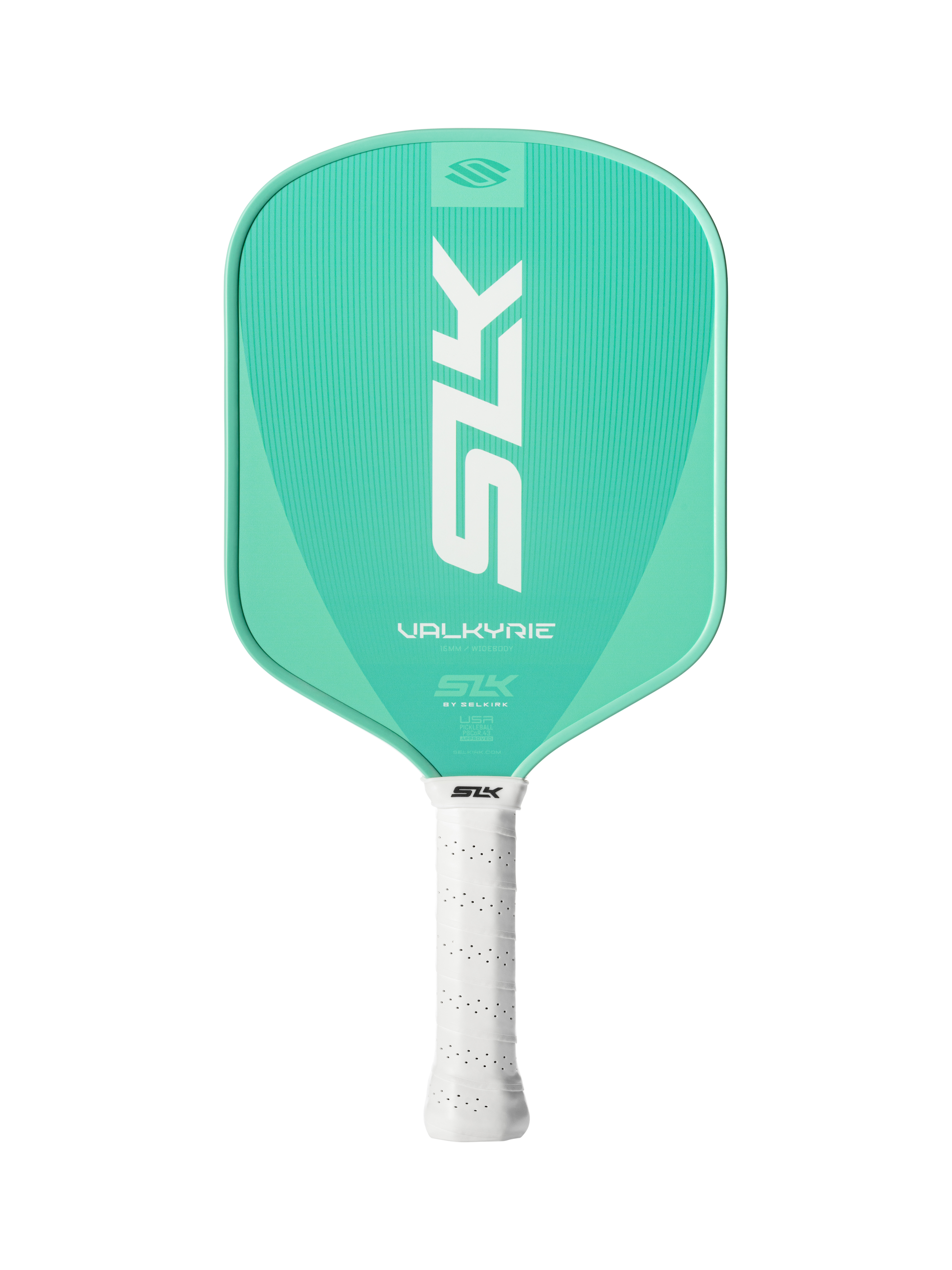The Selkirk SLK Valkyrie Widebody 16mm Pickleball Paddle in green, with a white grip and Selkirk branding on the face, is displayed against a plain white background.