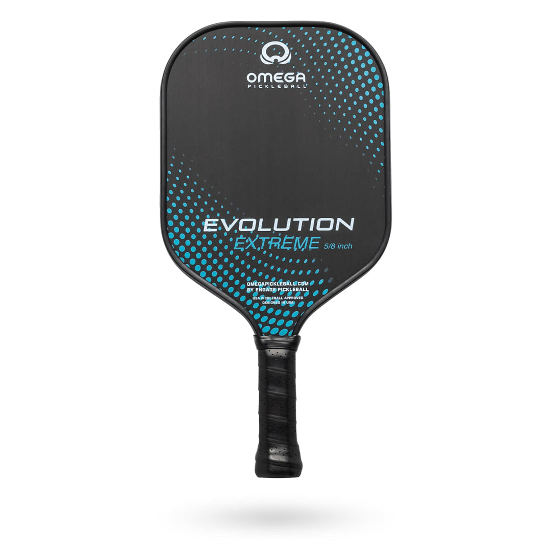 An Engage Omega Evolution Extreme 5/8 inch (16mm) Pickleball Paddle with the word evolution on it.