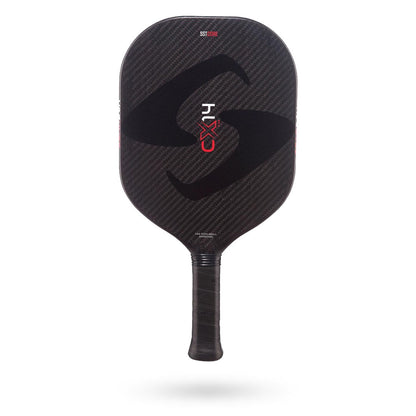 Front view of the Gearbox CX14 Pickleball Paddle with a black and red design bearing the text 'SST Core' and 'CX14 Elongated' on the face. The handle is wrapped in black grip tape, showcasing Gearbox SST Technology.