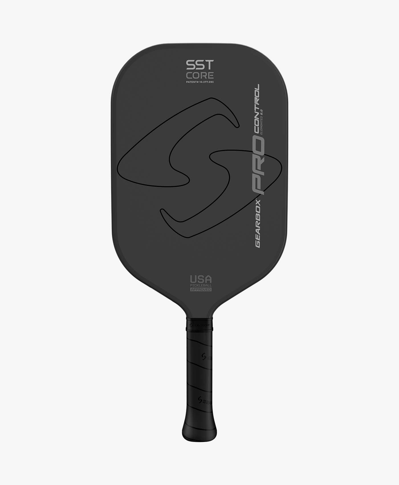 The Gearbox Pro Control Elongated Pickleball Paddle features a black design with "SST Core" text and logo. It has a textured handle, crafted with advanced Solid Span Technology and a carbon fiber framework for optimal performance.