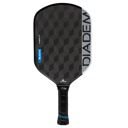 The Diadem Edge BluCore Hybrid 16mm Pickleball Paddle features a black design with a textured geometric pattern, blue accents, and the Diadem logo vertically on the right edge.