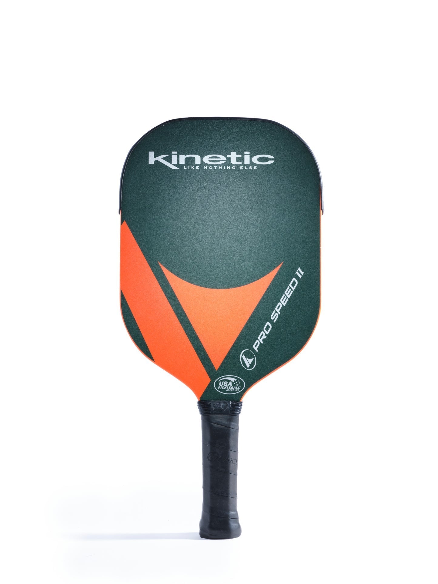 A pickleball paddle with a green and orange design, labeled "Pickleballist ProKennex Kinetic Pro Speed II Pickleball Paddle," against a white background.