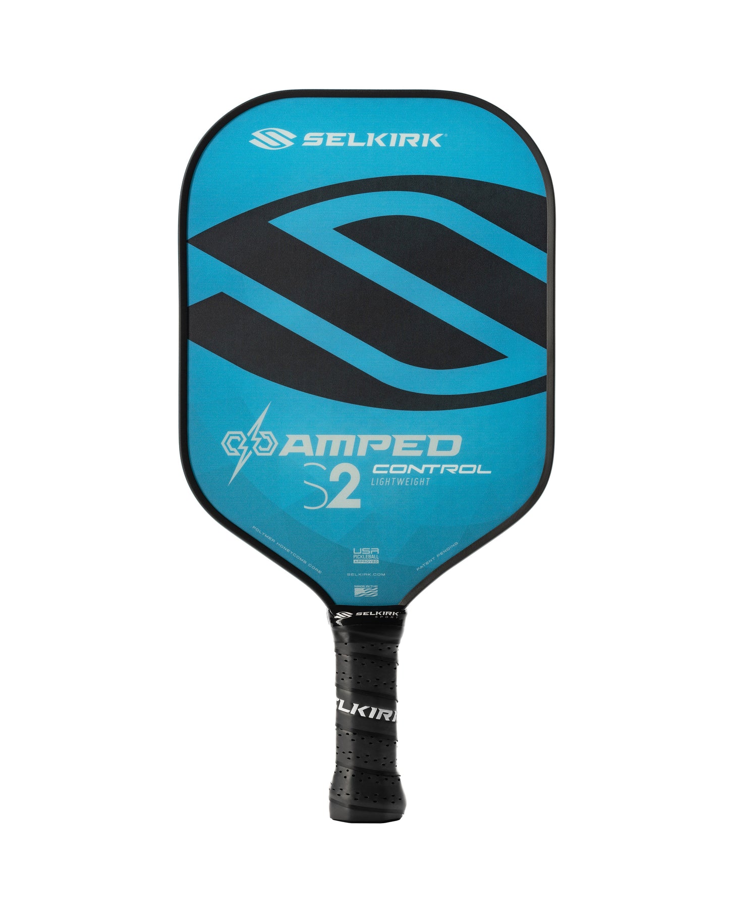 A blue Selkirk AMPED Control S2 16mm pickleball paddle with text on the surface.