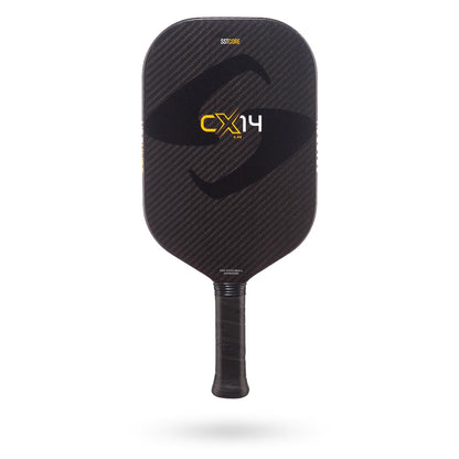 A black and yellow pickleball paddle labeled "Gearbox CX14 Pickleball Paddle" with a textured surface and sleek design, featuring Gearbox SST Technology.