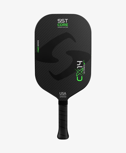 A Gearbox CX14E Ultimate Power Pickleball Paddle with a black handle featuring power band technology.