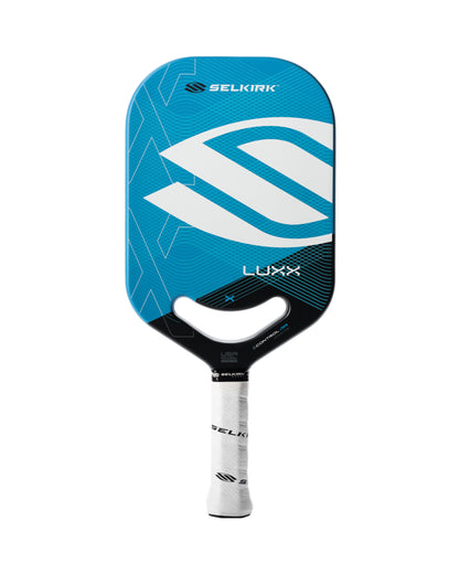 A blue and white Pickleballist Selkirk LUXX Control Air Invikta pickleball paddle with an abstract design on the face and a black and white grip.