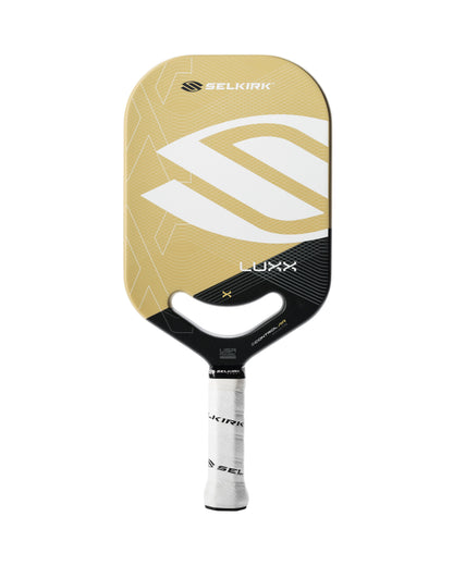 A Pickleballist LUXX Control Air Invikta pickleball paddle with a geometric design in white, gold, and gray, featuring the brand's logo on the face and a black handle.