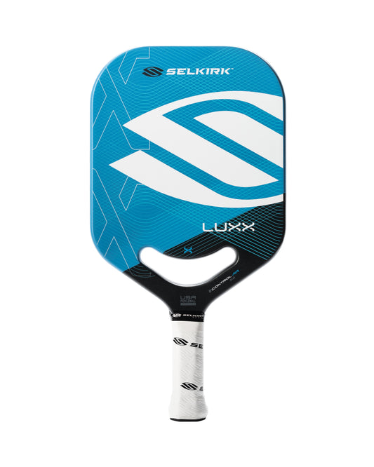 A Pickleballist Selkirk LUXX Control Air S2 pickleball paddle with a blue and white design, featuring the brand logo prominently displayed on the upper section.