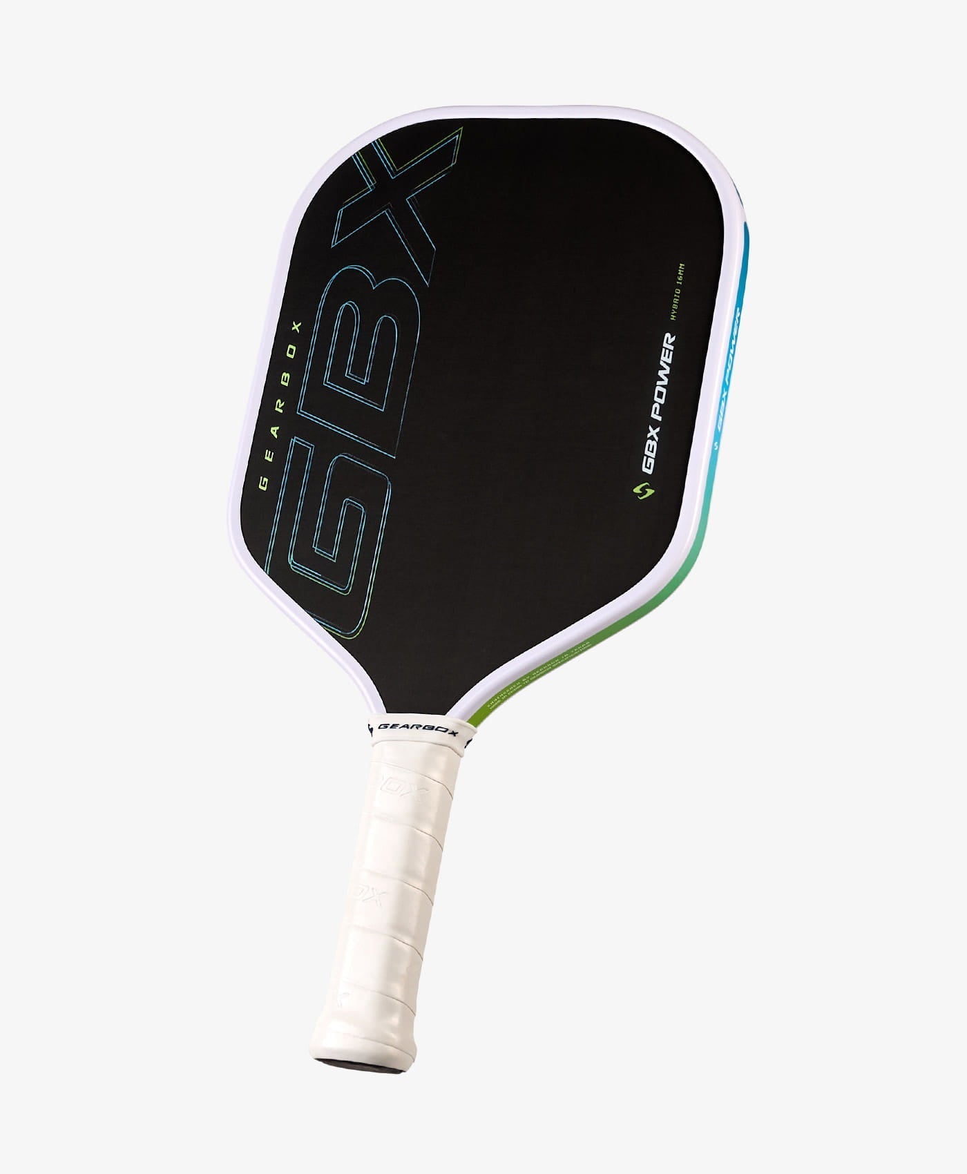 The Gearbox GBX Power Hybrid - 16mm Gen-3 Honeycomb pickleball paddle by Gearbox Sports features a black face with GBX branding, a white grip, and honeycomb core, shown against a plain white background.