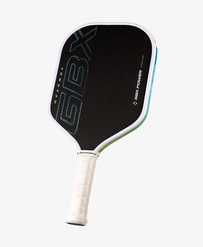 The Gearbox GBX Power Hybrid - 16mm Gen-3 Honeycomb pickleball paddle by Gearbox Sports features a black face with GBX branding, a white grip, and honeycomb core, shown against a plain white background.