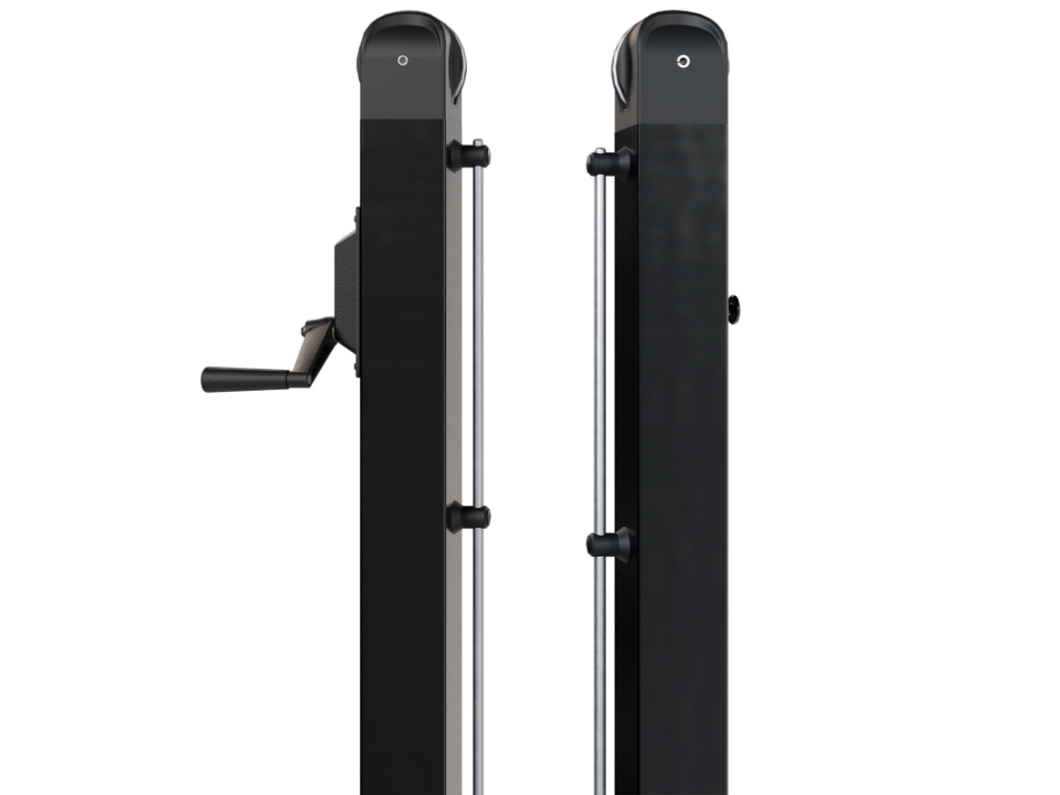 Two vertical, black rectangular electronic gates with small cylindrical components attached, part of the Dominator In-Ground Pickleball Posts & Nets System.