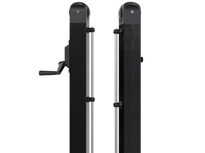 Two vertical, black rectangular electronic gates with small cylindrical components attached, part of the Dominator In-Ground Pickleball Posts & Nets System.