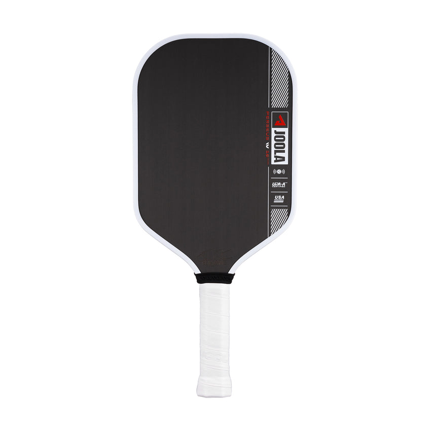 JOOLA Ben Johns Perseus Pro 4 IV 16mm Pickleball Paddle features a black design with a white edge, textured surface, and white grip handle.