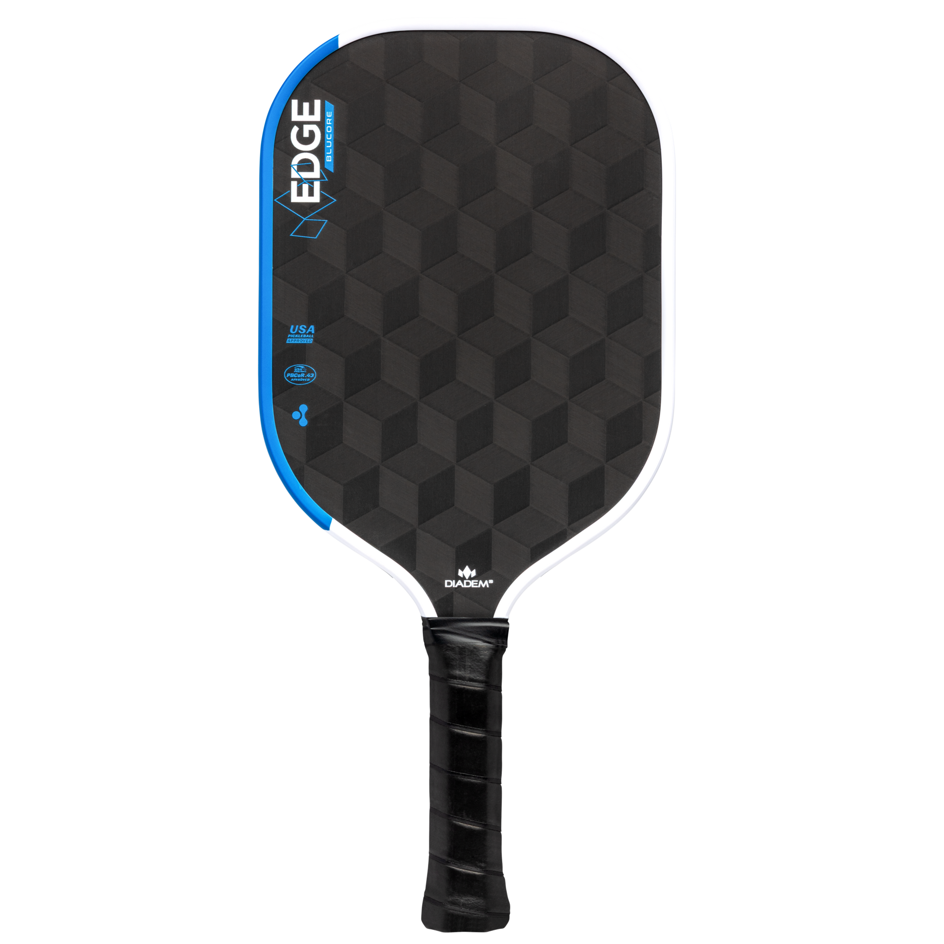 The Diadem Edge BluCore Pro 16mm Pickleball Paddle by Diadem features a black paddle with a geometric pattern, blue and white accents, and a black grip handle, displayed against a plain light background.