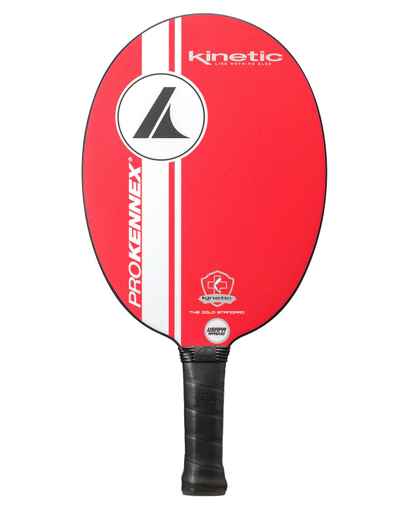 A red and white ProKennex Kinetic Ovation Speed Pickleball Paddle on a white background with a competitive advantage.