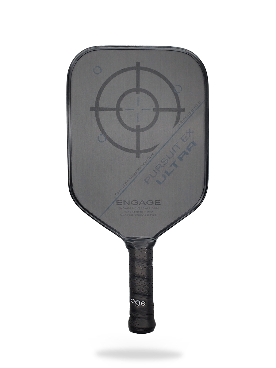 A gray Pickleballist Engage Pursuit ULTRA EX pickleball paddle with a target design, isolated on a black background.