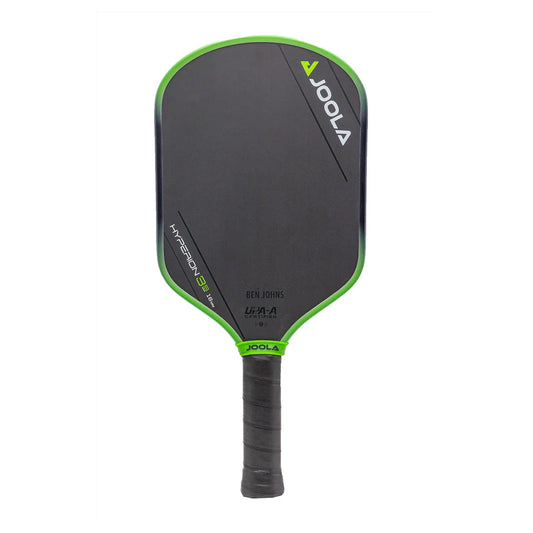 A JOOLA Ben Johns Hyperion 3S 16mm Pickleball Paddle in black with green edges and a grip handle, featuring a simple design with text details.