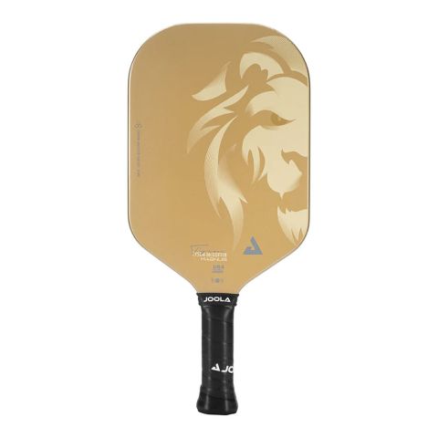 The JOOLA Tyson Mcguffin Magnus CAS Lion 14mm Pickleball Paddle features a gold face adorned with a lion design and a black handle branded with "JOOLA.