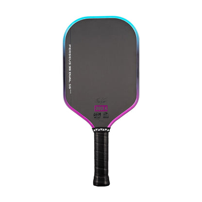 The JOOLA Perseus 3S Dual 16mm Pickleball Paddle, featuring a carbon fiber black face, blue and purple trim, and a black grip handle, is displayed against a white background.
