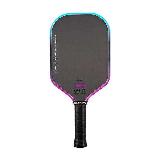 The JOOLA Perseus 3S Dual 16mm Pickleball Paddle, featuring a carbon fiber black face, blue and purple trim, and a black grip handle, is displayed against a white background.