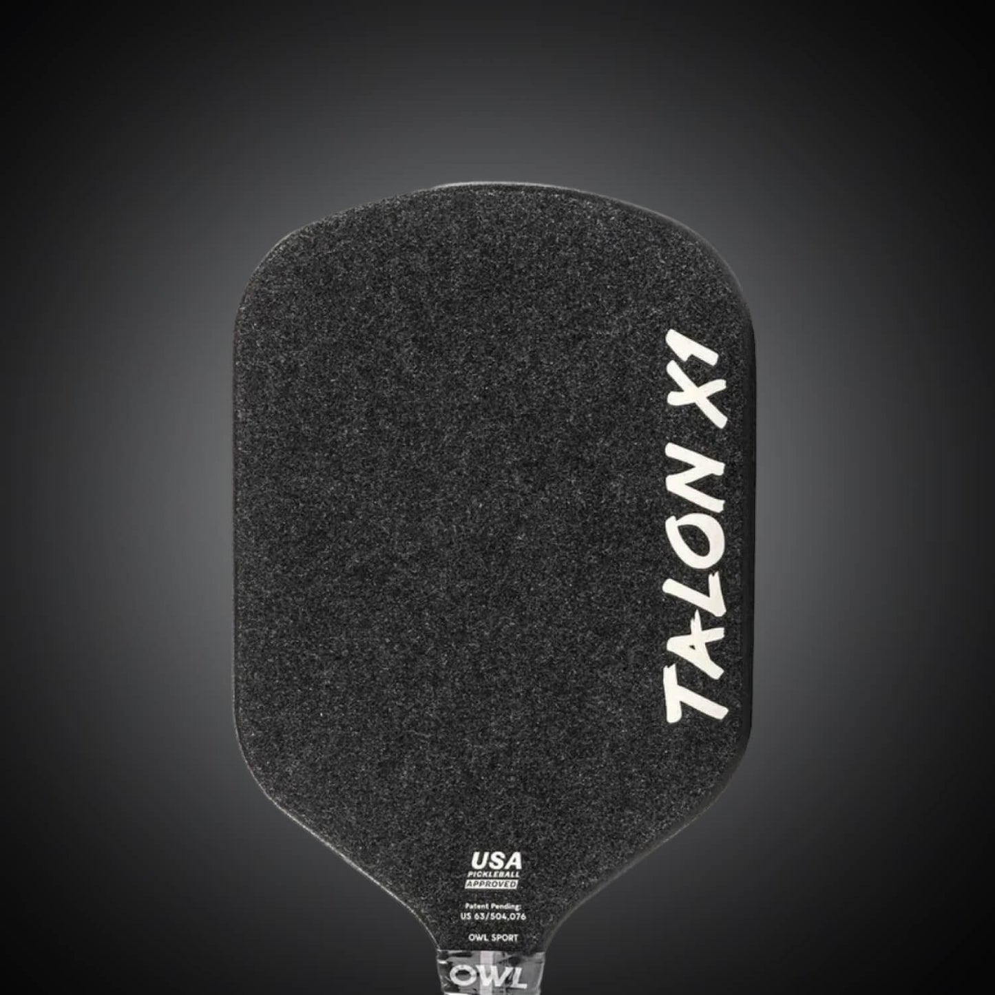 A black OWL Talon X1 Quiet Pickleball Paddle with a textured surface for superior spin control, "USA Pickleball Approved" near the handle, and featuring the advanced Acoustene Power System.