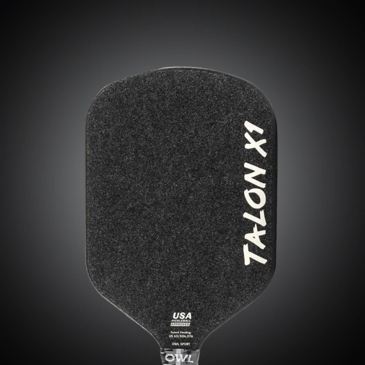 A black OWL Talon X1 Quiet Pickleball Paddle with a textured surface for superior spin control, "USA Pickleball Approved" near the handle, and featuring the advanced Acoustene Power System.