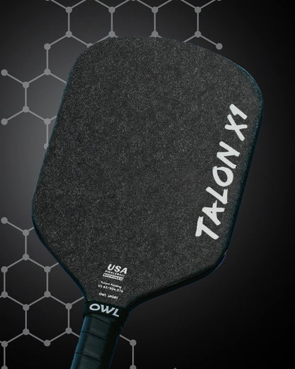 The OWL Talon X1 Quiet Pickleball Paddle by OWL features a black, textured surface with USA specs on the lower part for enhanced spin control, set against a dark hexagonal background.